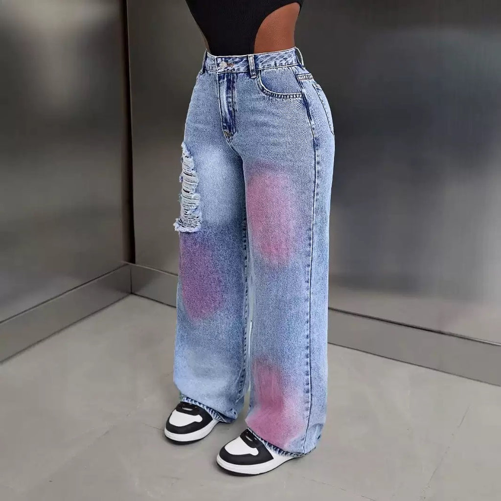 presale -15778# Amazon Cross-border Foreign Trade Women's Wear Europe and America INS Inkjet Hole Design Skinny Jeans