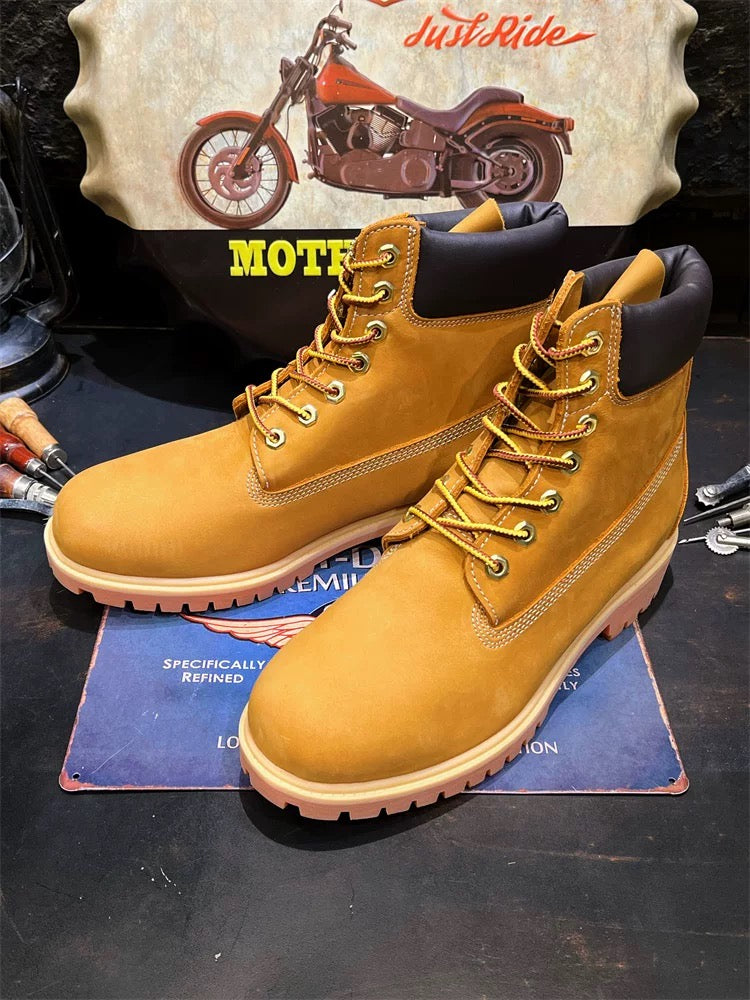 style outdoor waterproof large yellow boots, high-top Martens work boots for men, genuine leather desert shoes for women.