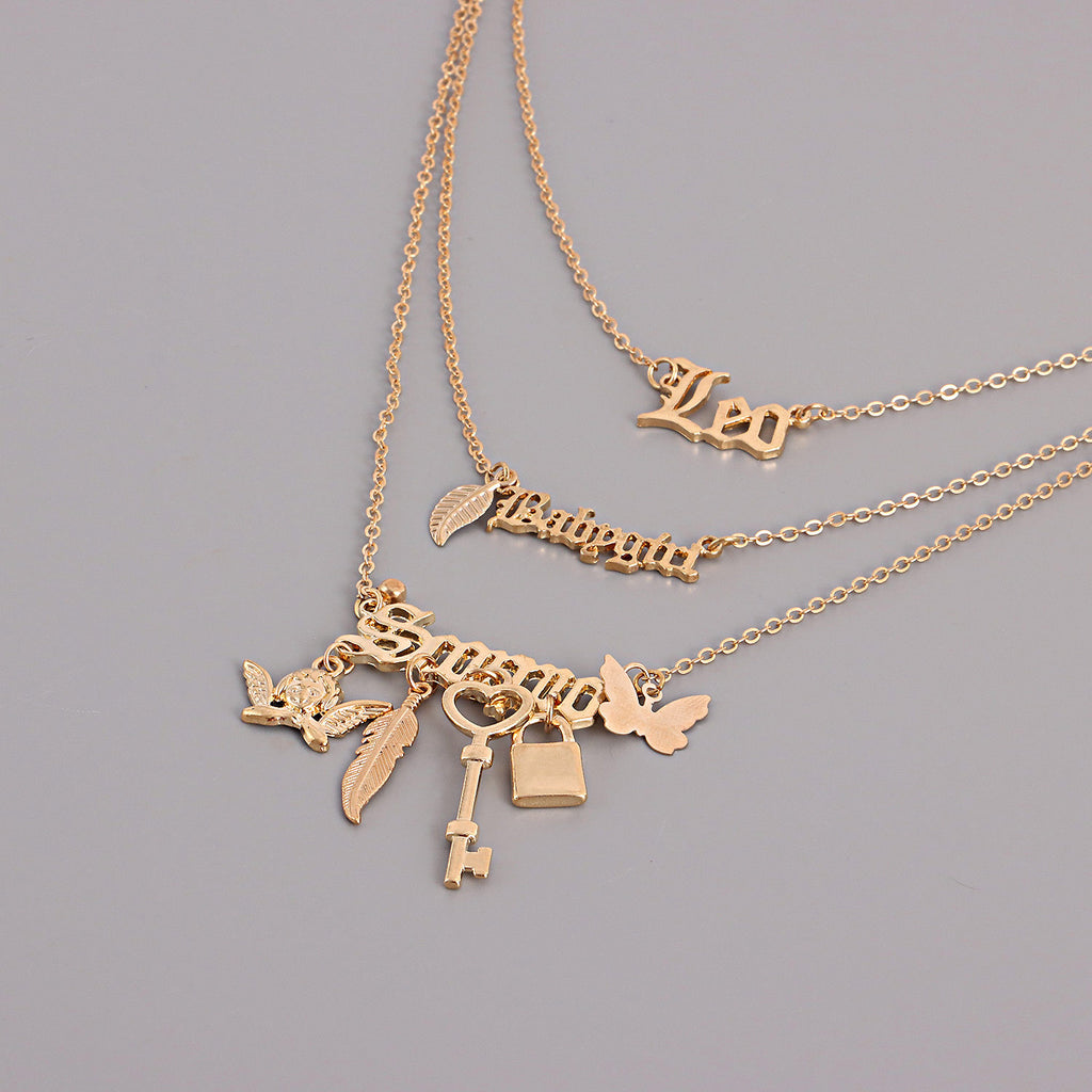 Multilayer Padlock Key Feather Butterfly Angel Wing Pendant