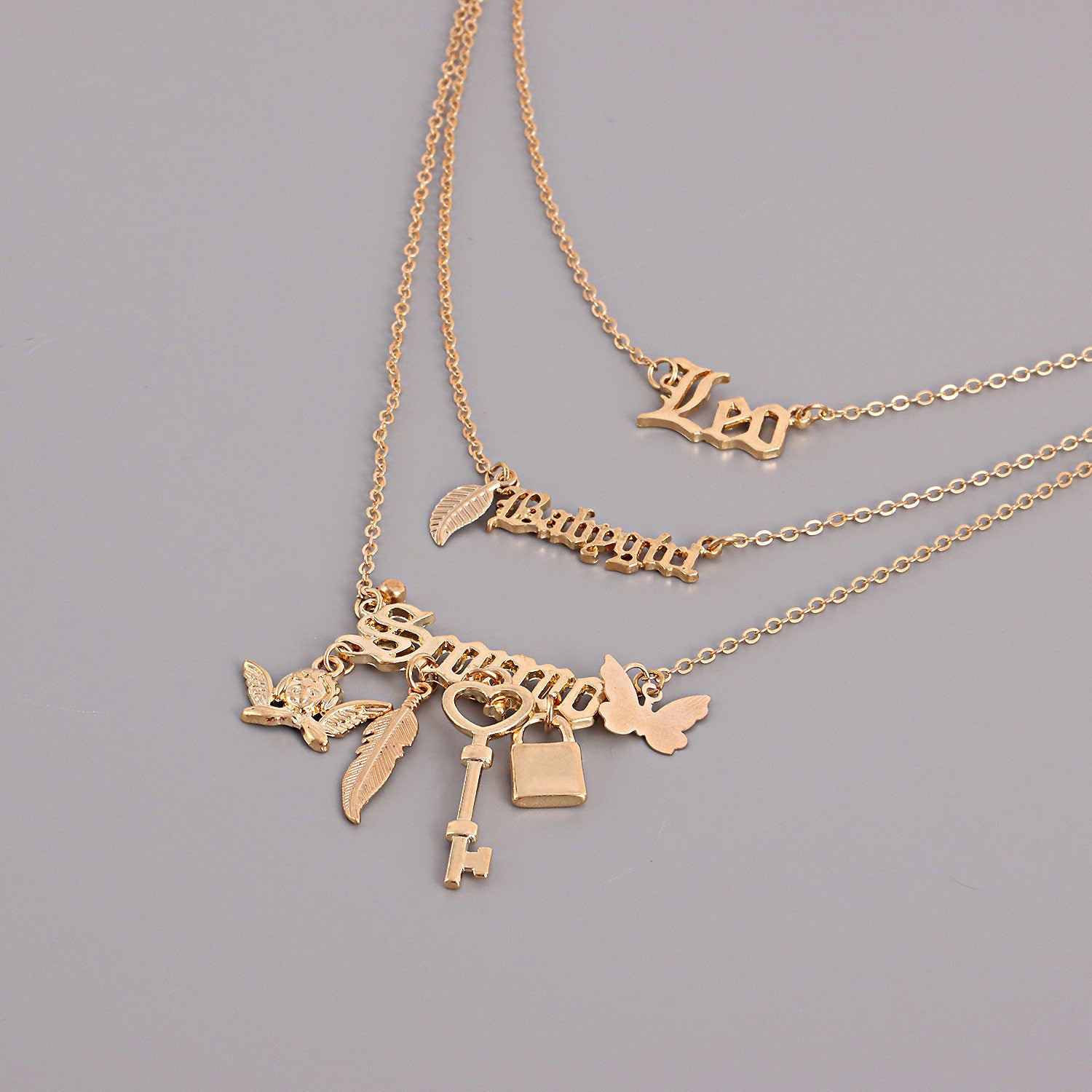 Multilayer Padlock Key Feather Butterfly Angel Wing Pendant