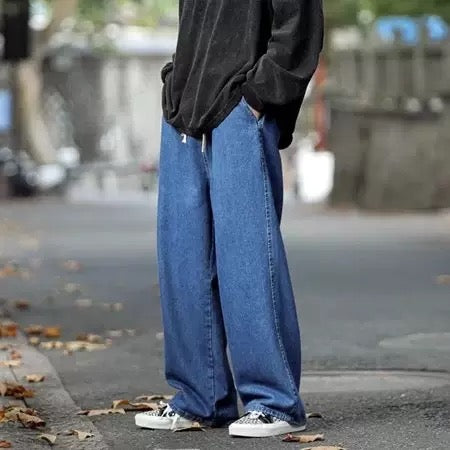Popular Drawstring Elastic Waist Jeans Men's Straight Loose Pants