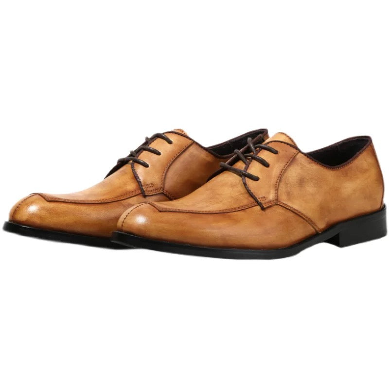 men's business formal leather shoes, genuine leather, trendy British style handcrafted derby shoes with laces, vintage casual shoes.