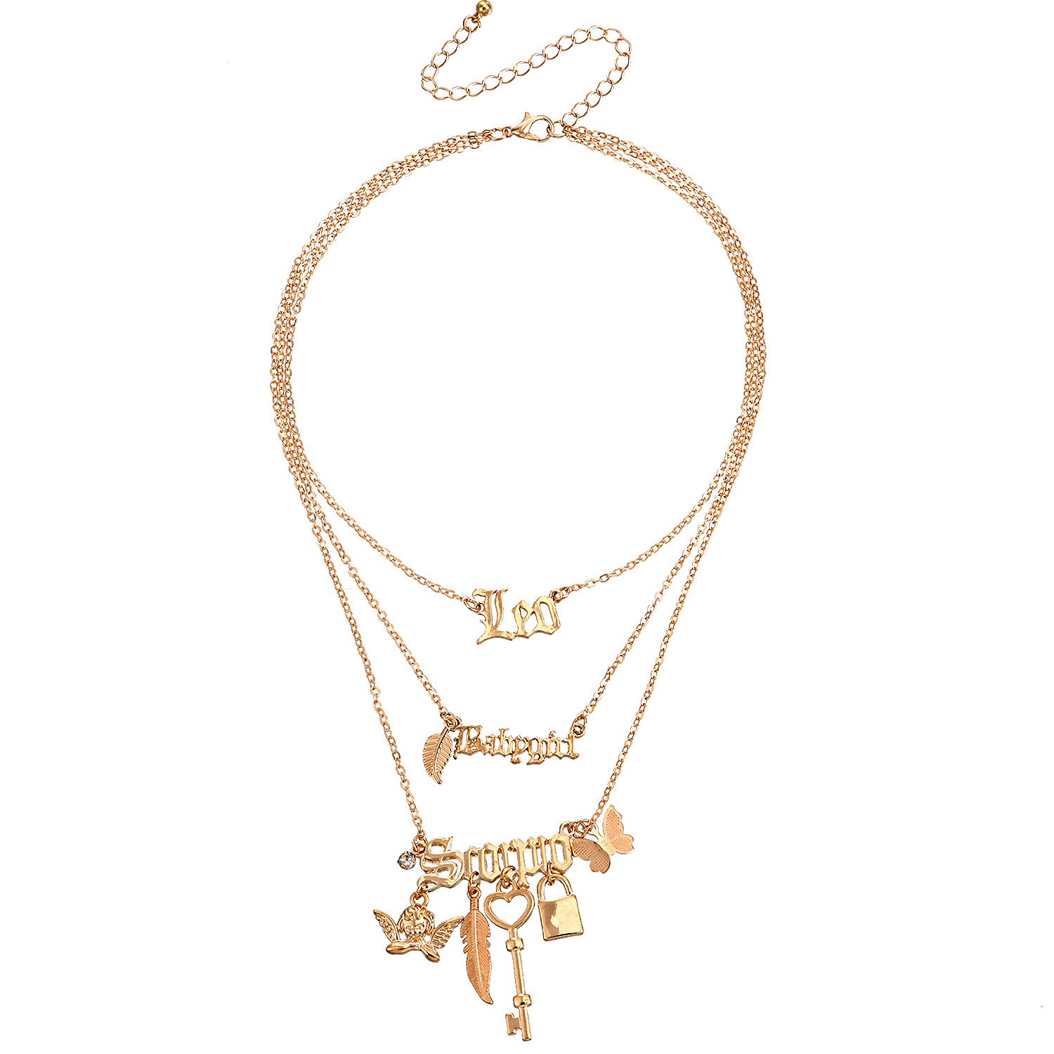Multilayer Padlock Key Feather Butterfly Angel Wing Pendant