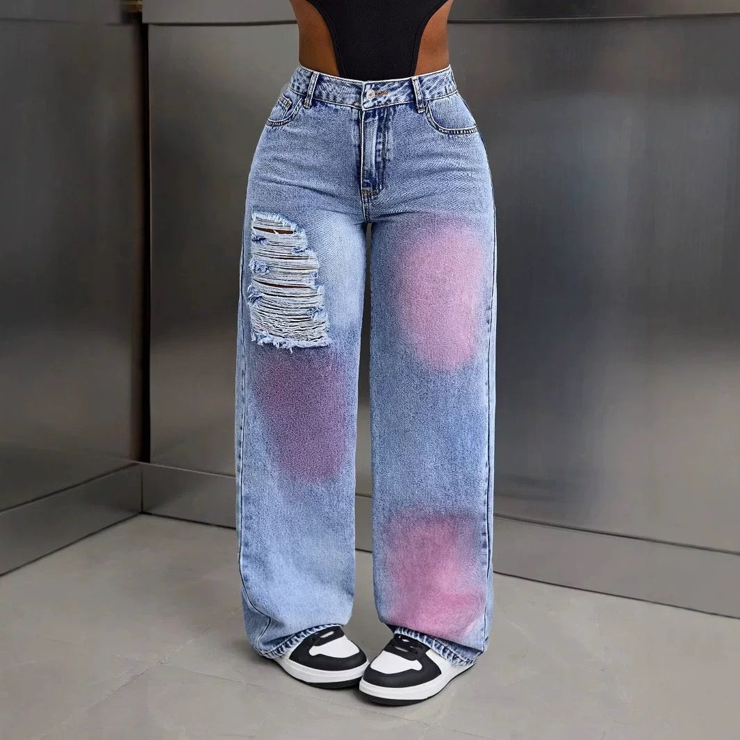 presale -15778# Amazon Cross-border Foreign Trade Women's Wear Europe and America INS Inkjet Hole Design Skinny Jeans