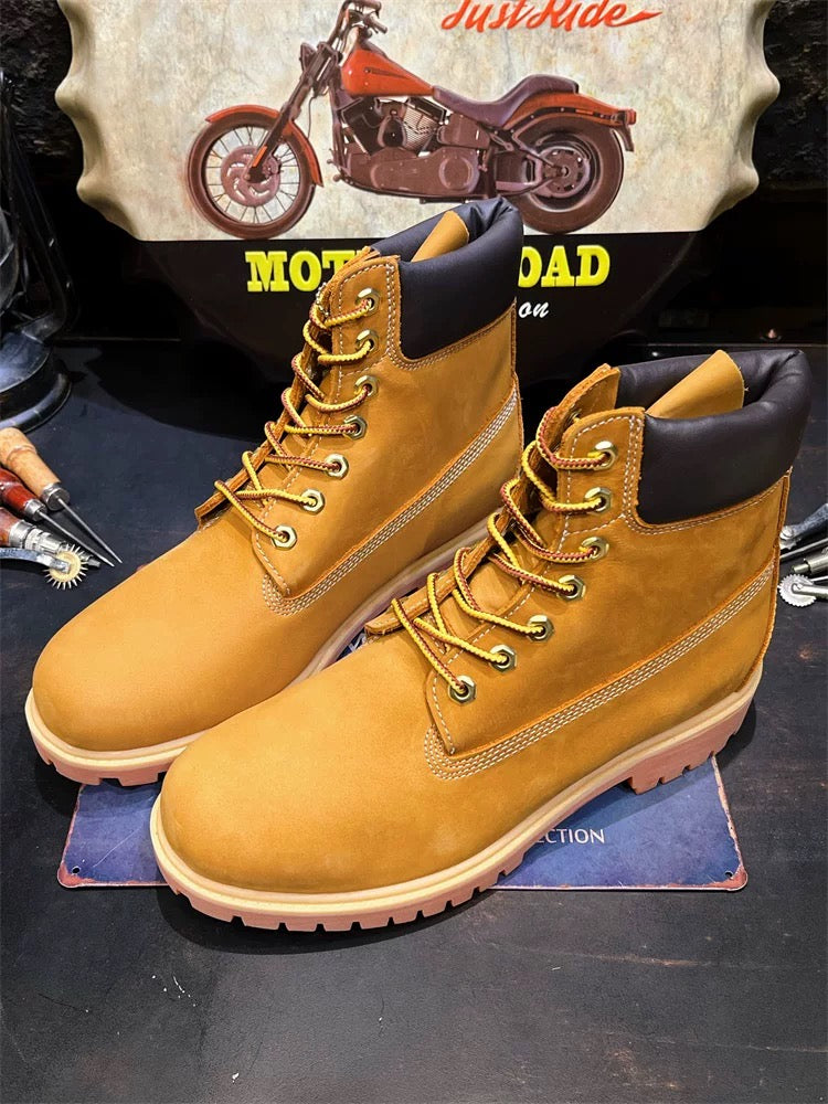 style outdoor waterproof large yellow boots, high-top Martens work boots for men, genuine leather desert shoes for women.
