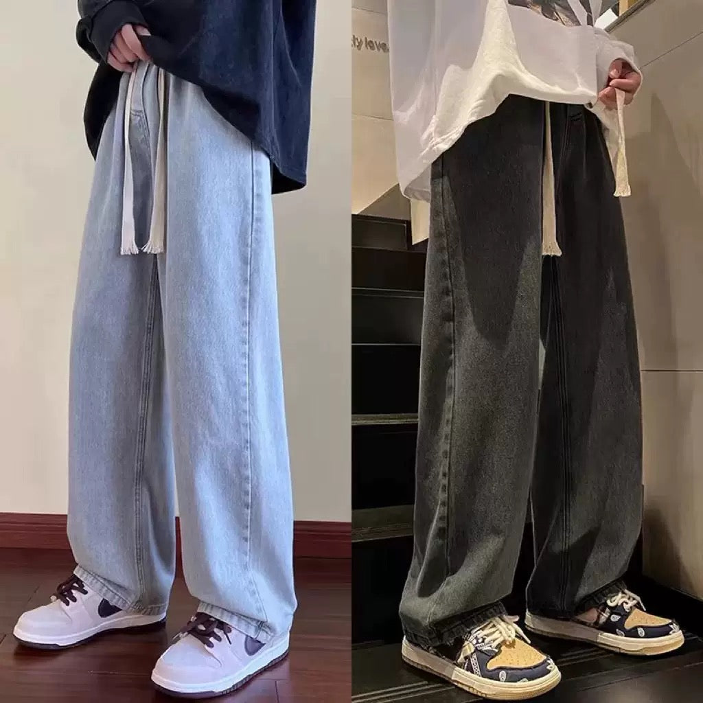 Popular Drawstring Elastic Waist Jeans Men's Straight Loose Pants