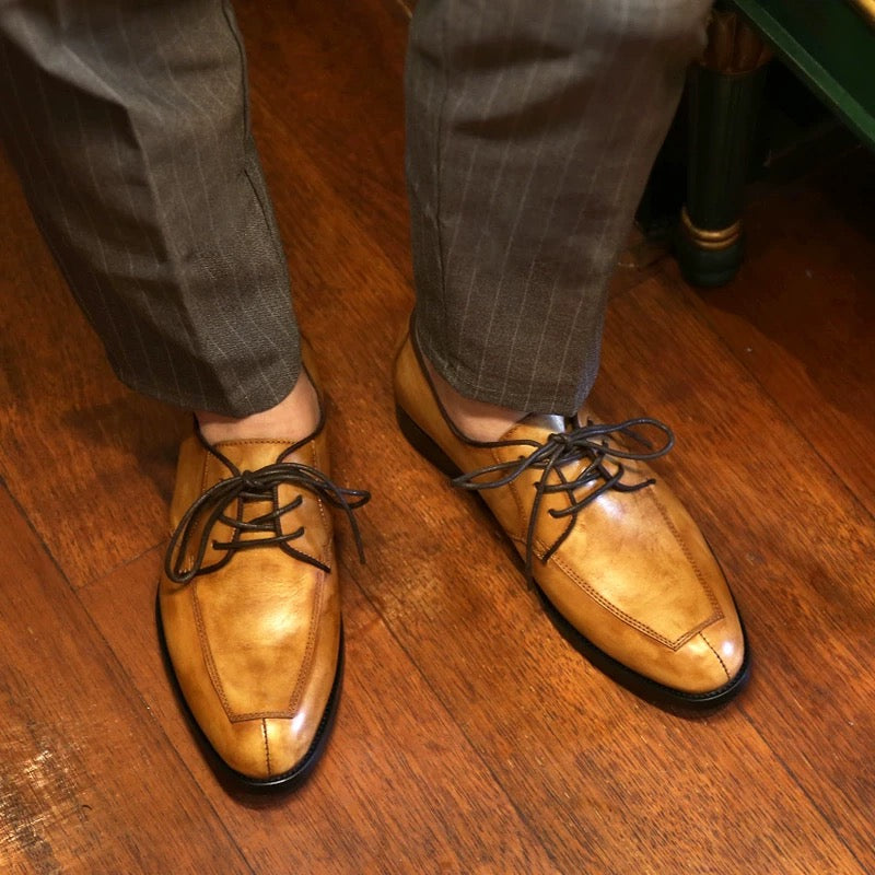 men's business formal leather shoes, genuine leather, trendy British style handcrafted derby shoes with laces, vintage casual shoes.