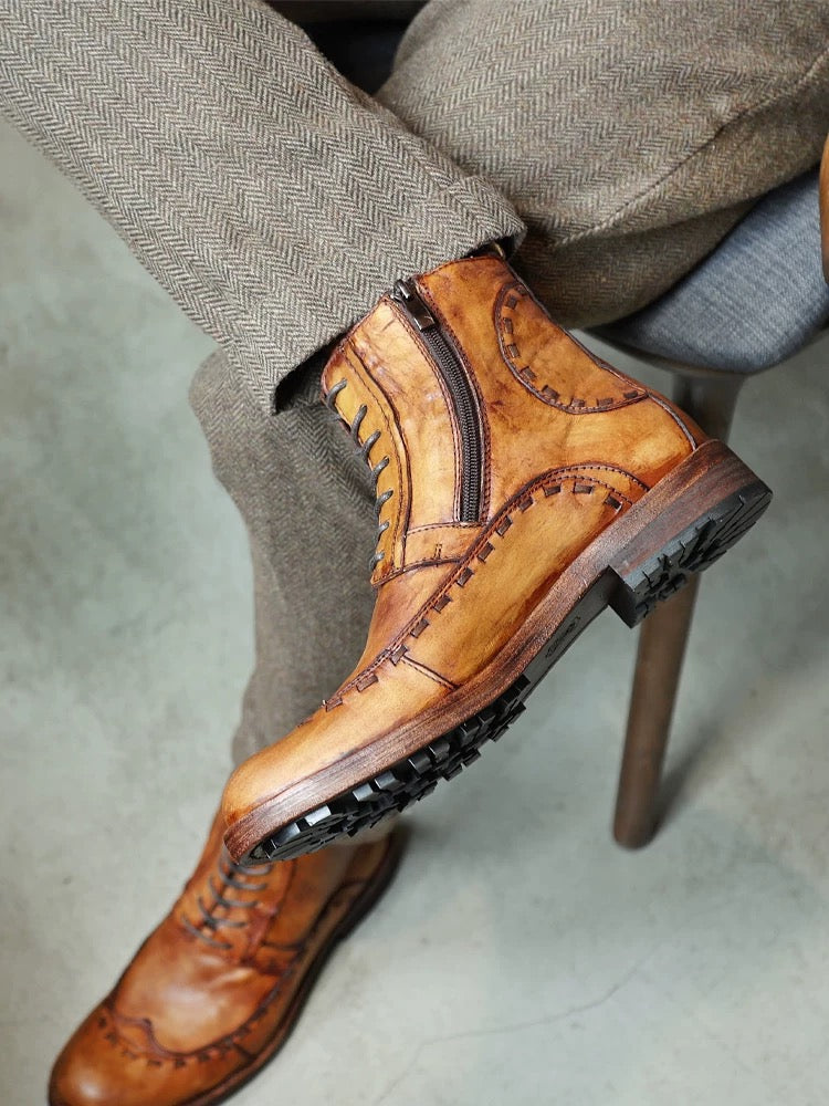 Autumn and winter vintage Martin boots for men, genuine leather handcrafted, distressed finish, casual leather boots, cowhide sole, versatile work boots, high-quality men's footwear.