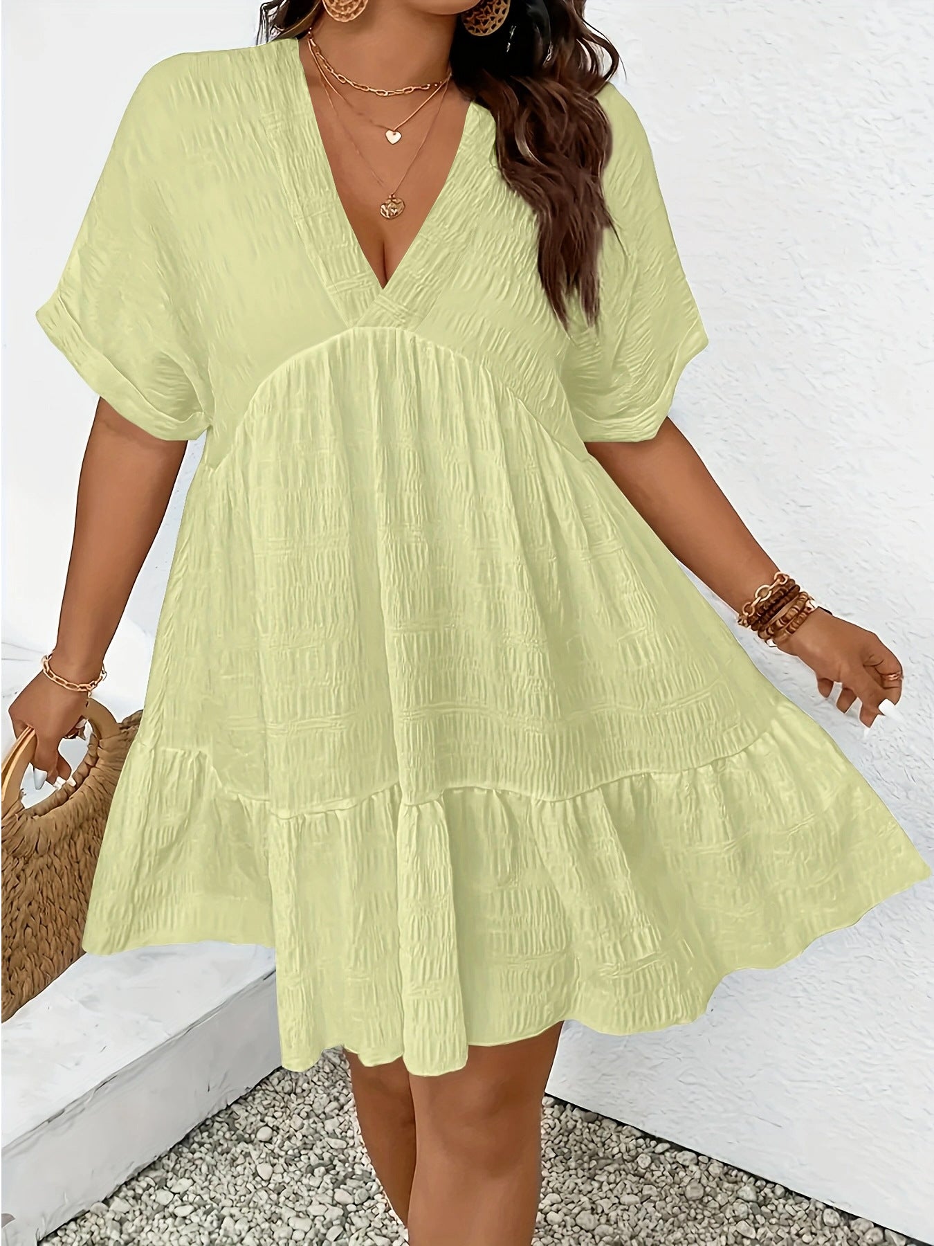 Summer Casual Deep V-Neck Short-Sleeve Loose Dress