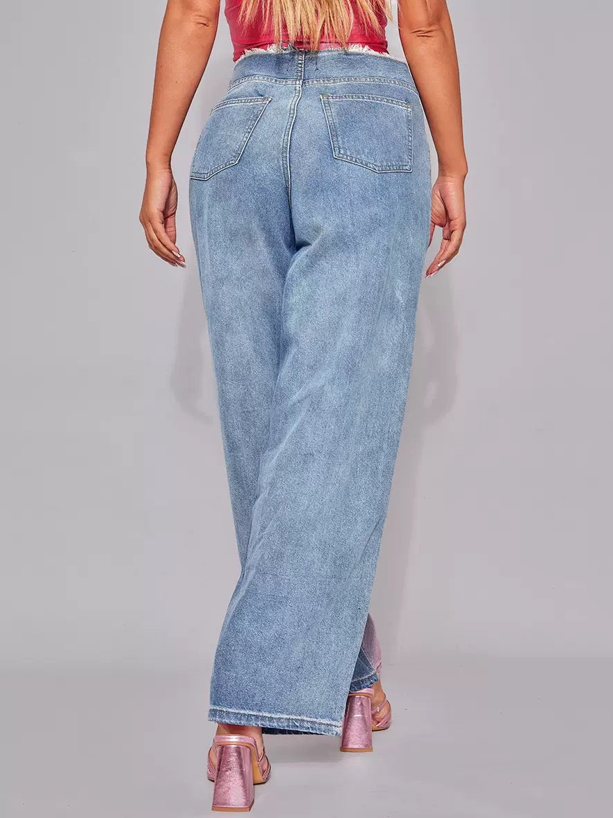 European and American outer size broken style wide-leg trousers women's autumn and winter personalized inkjet contrast color design Slimming jeans women