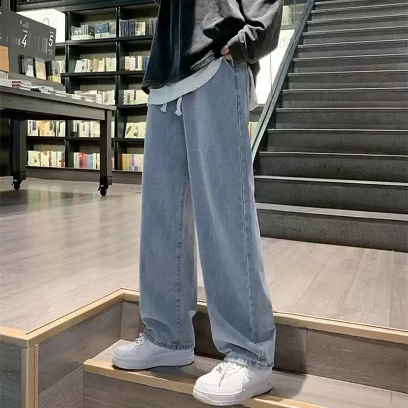 Popular Drawstring Elastic Waist Jeans Men's Straight Loose Pants