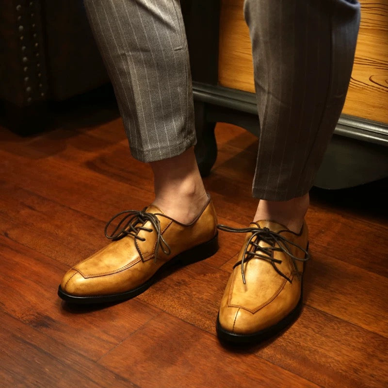 men's business formal leather shoes, genuine leather, trendy British style handcrafted derby shoes with laces, vintage casual shoes.