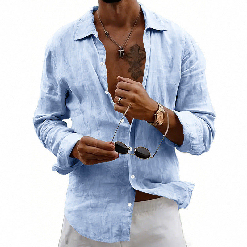 Loose-fit Cardigan With A Lapel Collar Versatile Linen Long-sleeve Shirt