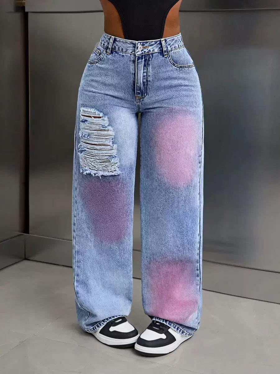 presale -15778# Amazon Cross-border Foreign Trade Women's Wear Europe and America INS Inkjet Hole Design Skinny Jeans