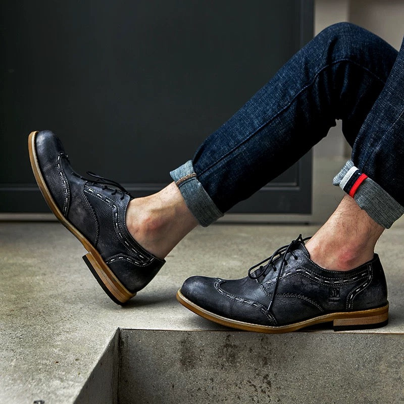 Leather Shoes for Men, British Style, Autumn, Aged Leather Shoes, Outdoor Casual Work Boots, Men’s Shoes, Woven.