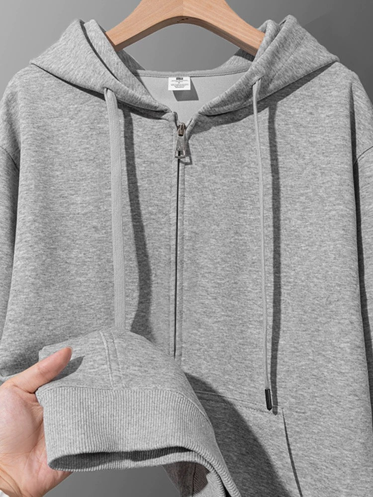 Heavyweight cost-effective zipper hooded sweatshirt autumn and winter solid color loose sports cardigan jacket men