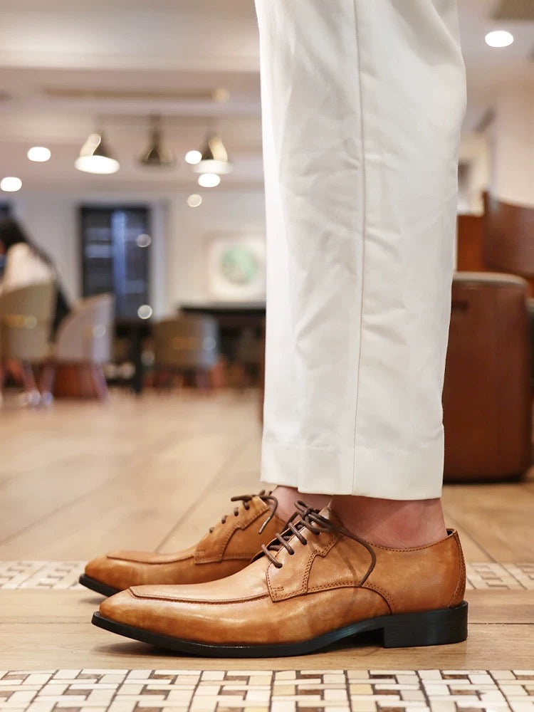 men's business formal leather shoes, genuine leather derby shoes, British vintage distressed leather shoes, wedding groom Oxford shoes.