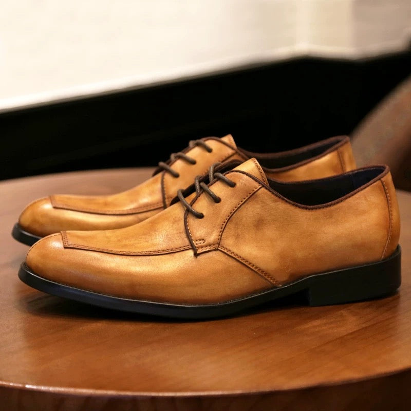 men's business formal leather shoes, genuine leather, trendy British style handcrafted derby shoes with laces, vintage casual shoes.