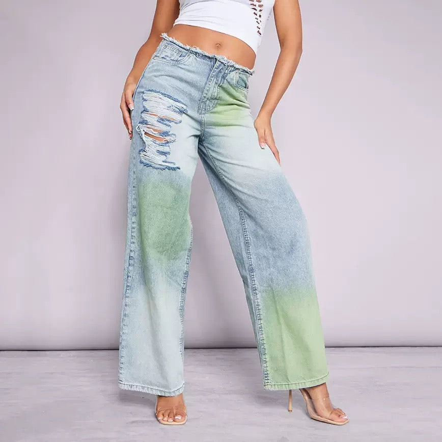 European and American outer size broken style wide-leg trousers women's autumn and winter personalized inkjet contrast color design Slimming jeans women