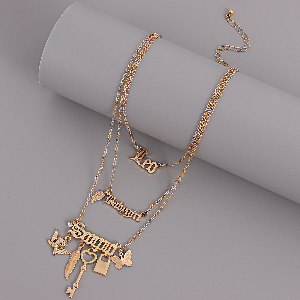 Multilayer Padlock Key Feather Butterfly Angel Wing Pendant