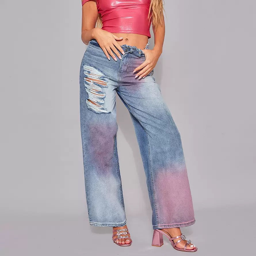 European and American outer size broken style wide-leg trousers women's autumn and winter personalized inkjet contrast color design Slimming jeans women