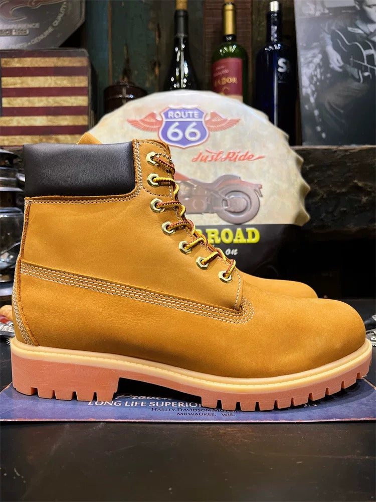 style outdoor waterproof large yellow boots, high-top Martens work boots for men, genuine leather desert shoes for women.