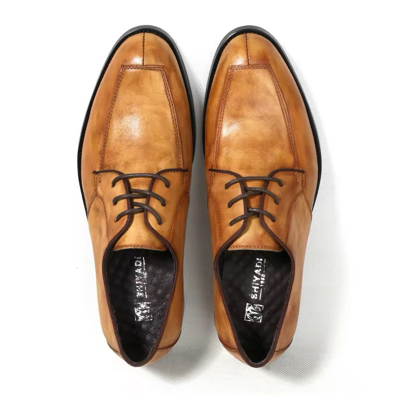 men's business formal leather shoes, genuine leather, trendy British style handcrafted derby shoes with laces, vintage casual shoes.