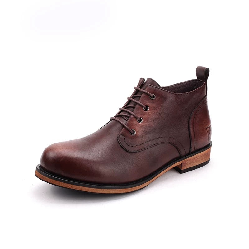 men's shoes high-top leather boots, trendy retro fashion, European and American style, round toe, British style, aged effect, sole stitching.