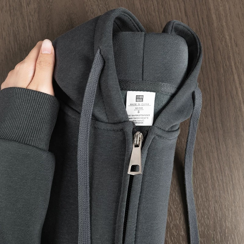 Heavyweight cost-effective zipper hooded sweatshirt autumn and winter solid color loose sports cardigan jacket men