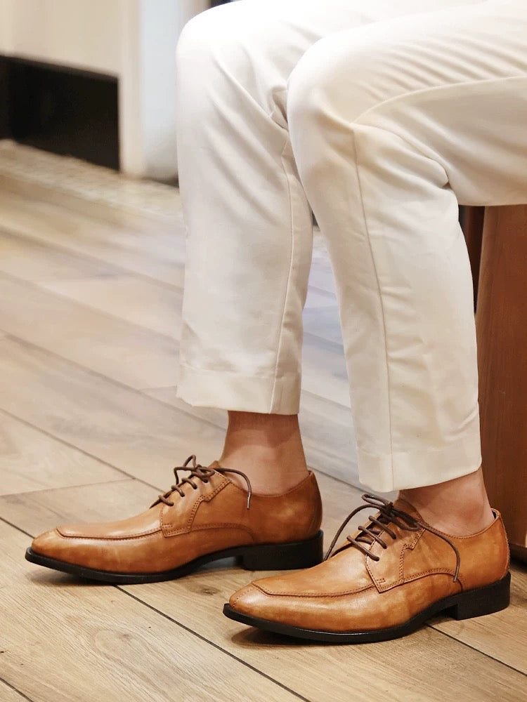 men's business formal leather shoes, genuine leather derby shoes, British vintage distressed leather shoes, wedding groom Oxford shoes.
