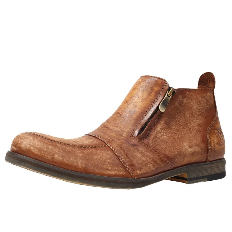 Men's handmade vintage Martin boots, distressed and rubbed color work boots, zipper low-top men's shoes, casual European and American style leather shoes, trendy.