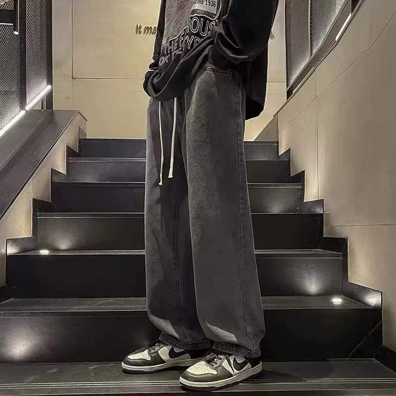 Popular Drawstring Elastic Waist Jeans Men's Straight Loose Pants