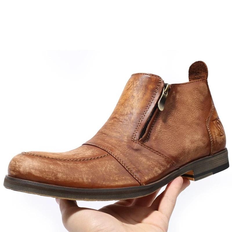 Men's handmade vintage Martin boots, distressed and rubbed color work boots, zipper low-top men's shoes, casual European and American style leather shoes, trendy.