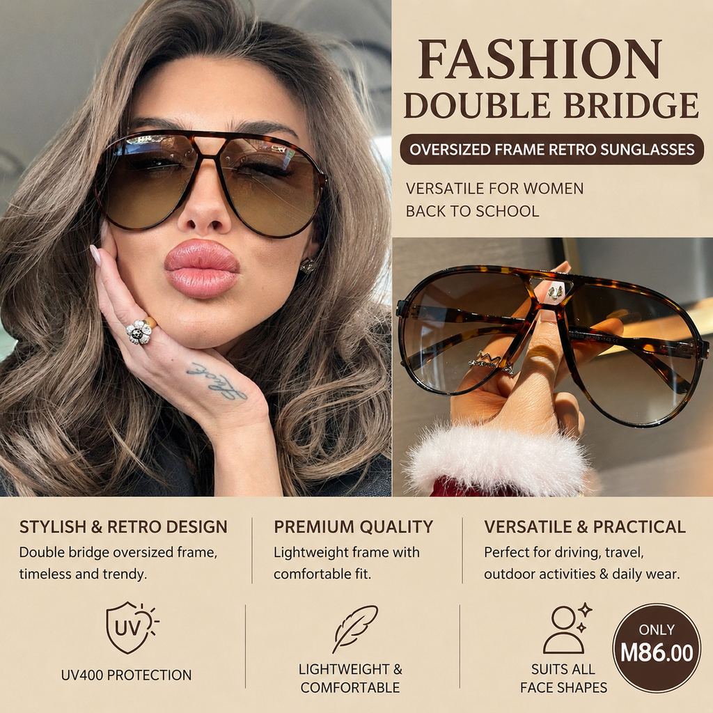 1pc Fashion Double Bridge Oversized Frame Retro Fashion Glasses, Versatile For Women, Back To School