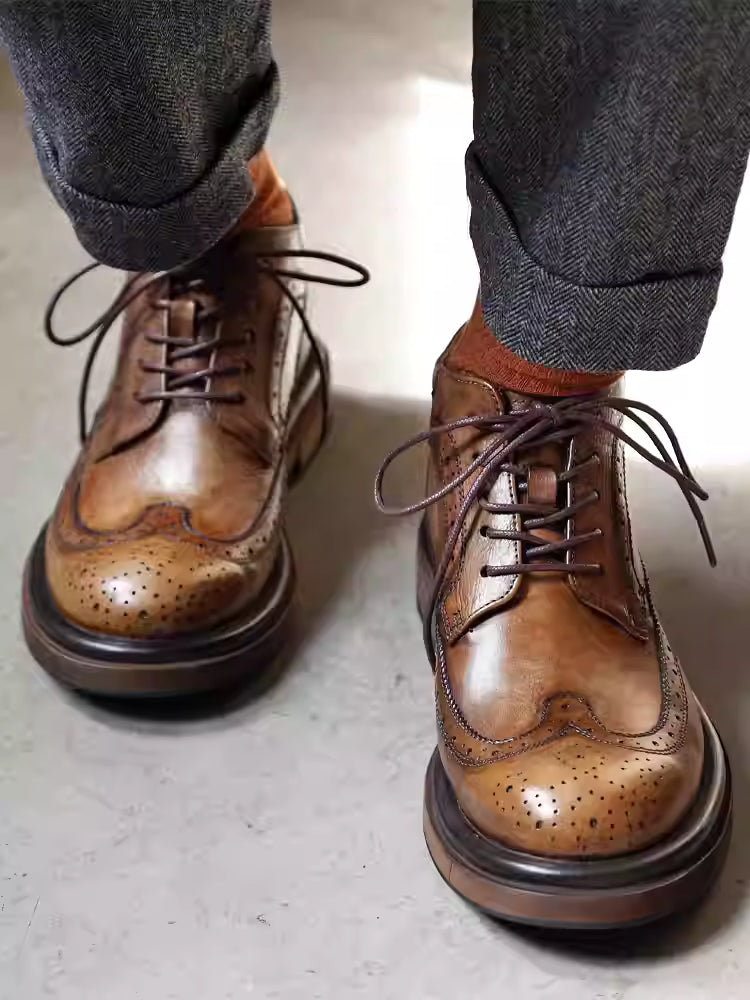 boots, brogue brogue leather boots, men's trendy high-top casual leather shoes, thick soled boots