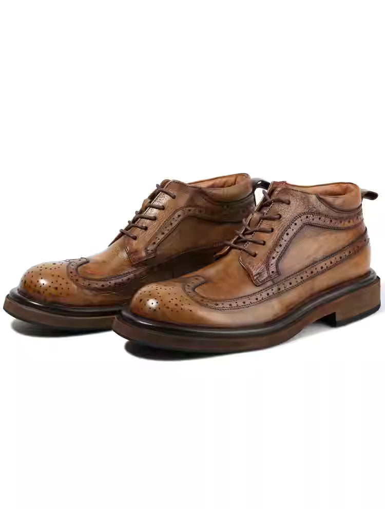 boots, brogue brogue leather boots, men's trendy high-top casual leather shoes, thick soled boots