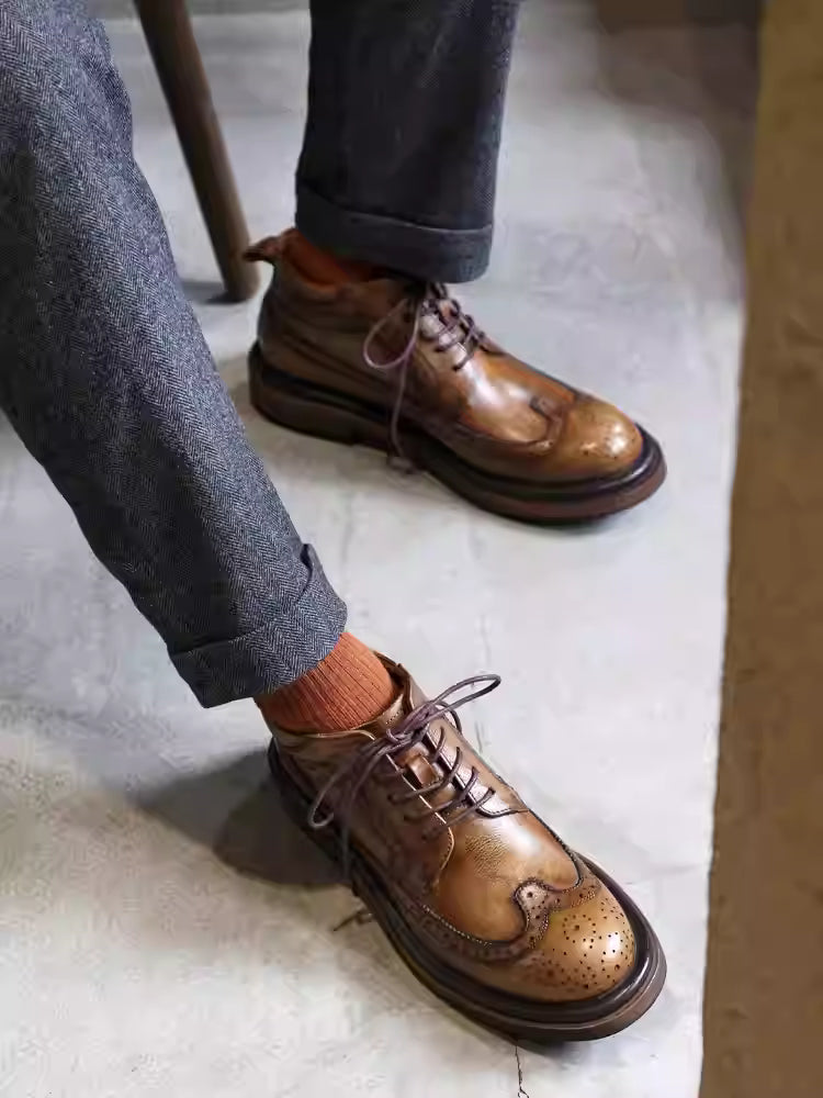 boots, brogue brogue leather boots, men's trendy high-top casual leather shoes, thick soled boots