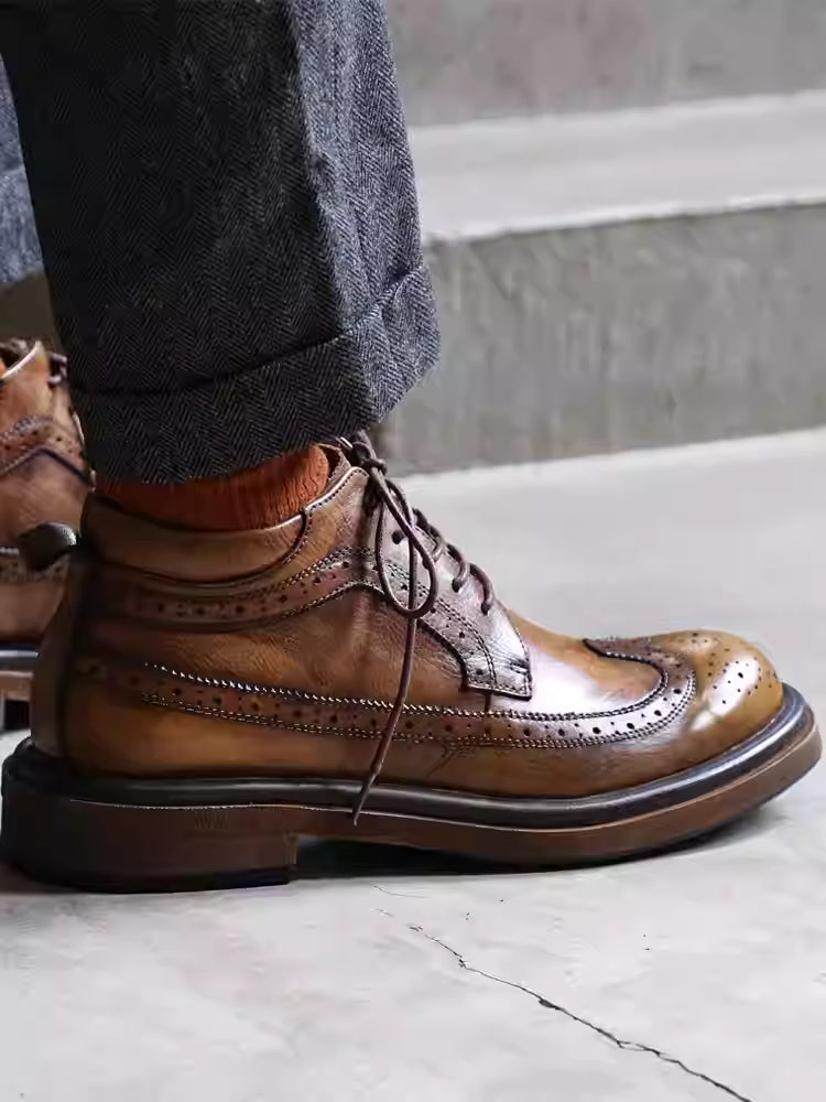 boots, brogue brogue leather boots, men's trendy high-top casual leather shoes, thick soled boots
