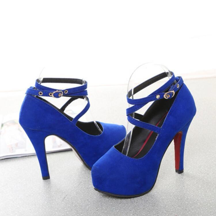 Women Shoes Round Toe Stiletto High Heels, Size:42(Blue)