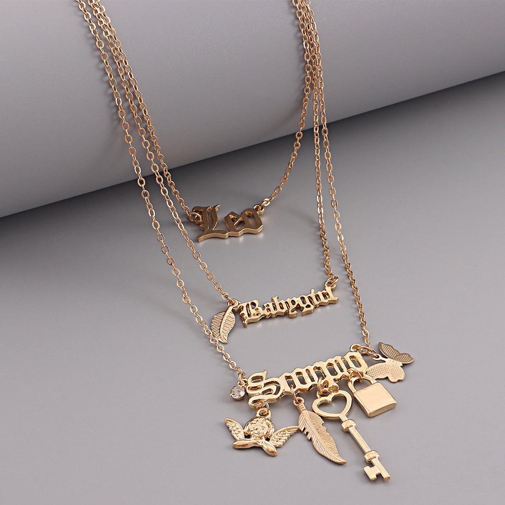 Multilayer Padlock Key Feather Butterfly Angel Wing Pendant