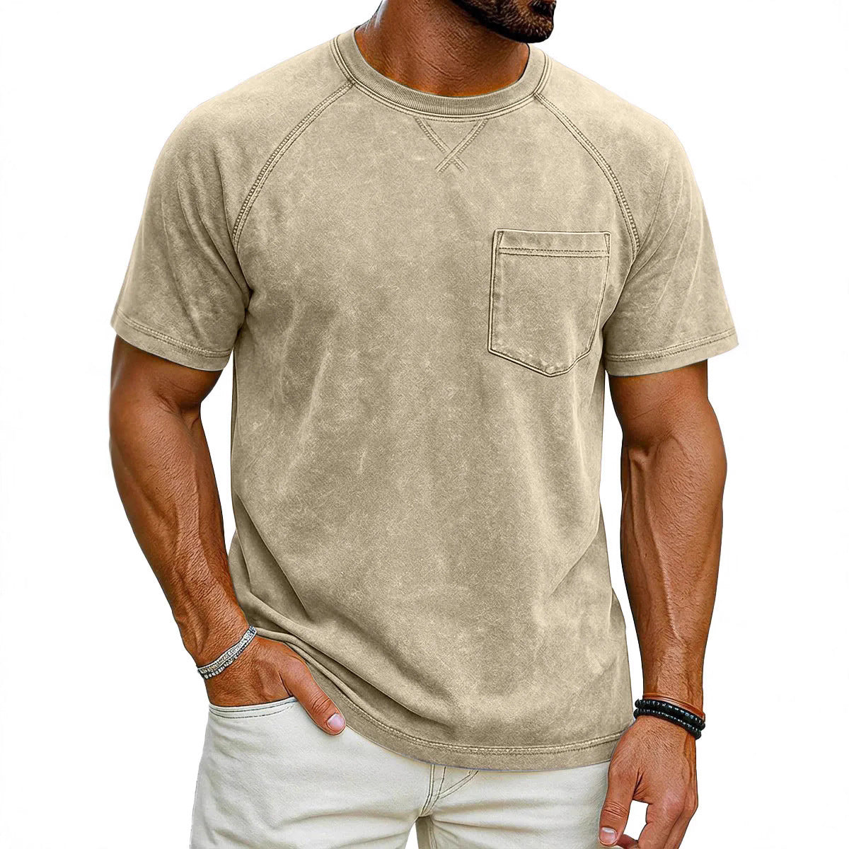 Retro Distressed Raglan Short-Sleeve Crew-Neck Casual T-Shirt Top