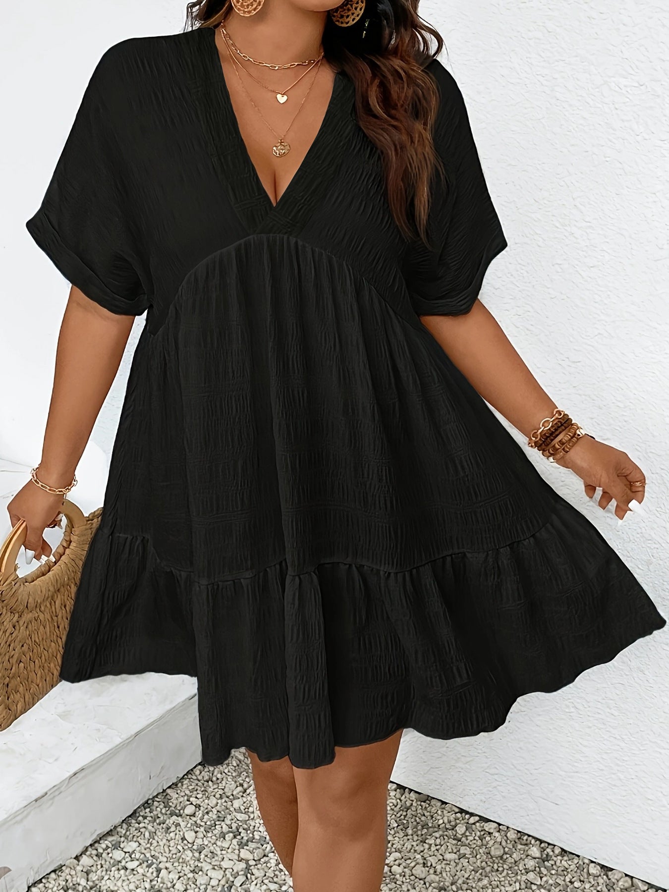 Summer Casual Deep V-Neck Short-Sleeve Loose Dress