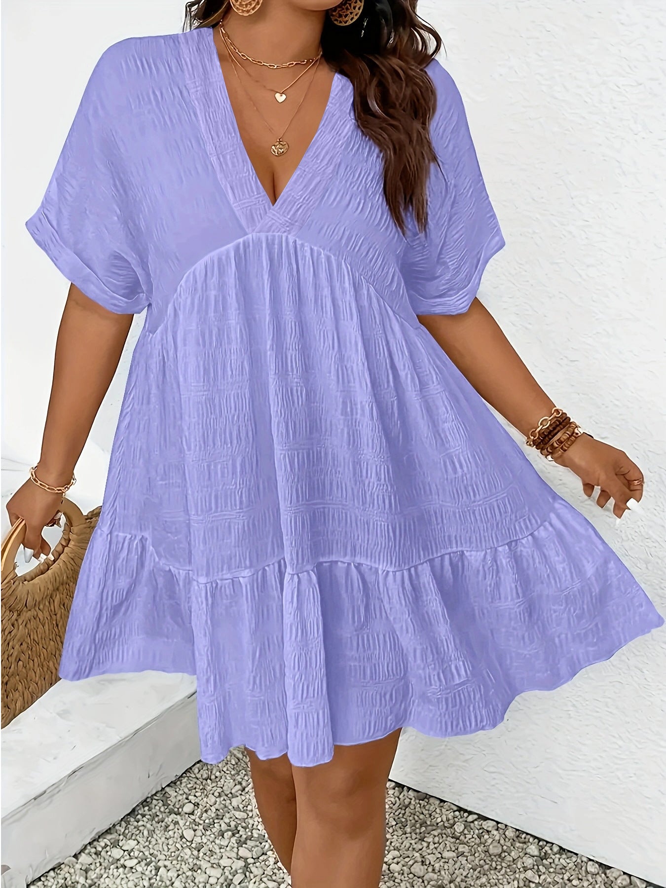 Summer Casual Deep V-Neck Short-Sleeve Loose Dress